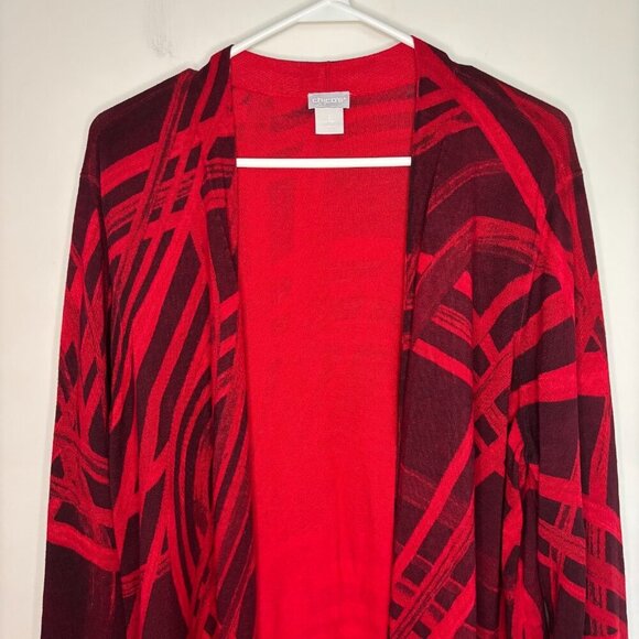CHICO'S Red Black Long Cardigan Womens L Open Front Long Sleeve - Picture 3 of 6